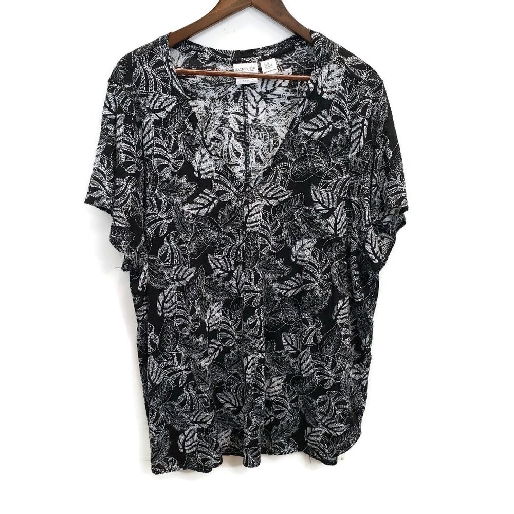 Rachael Zoe Womens Black Leaf Print V Neck 100% Linen Top Size 2X Short Sleeve